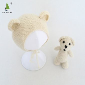 Conjunto de juguetes Vintage de oso de peluche envoltorio de Mohair elástico de punto sombrero y Juguete traje de tresPC para accesorios de fotografía recién nacido 