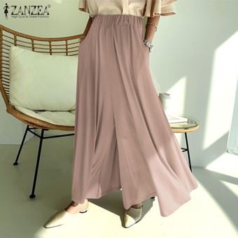 Rosa Pantalones para mujer ZANZEA elástico de la cintura Tamaño Culottes Palazzo plisadas señoras Pantalones Plus 