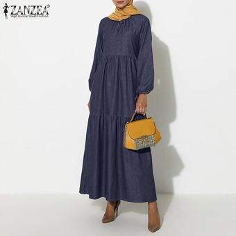 Manga ZANZEA Muslimah mujer musulmana larga túnica de tela de mezclilla vestido maxi sólido Abaya Kaftan Azul oscuro 