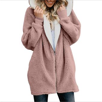 Abrigo con capucha y cremallera mullido de oso de peluche para mujer	Chaquta cálida de invierno de moda Rosa 