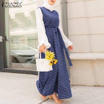 Viajes ZANZEA Muslimah Mujeres Musulmanas de la llamarada de la manga cuadrícula impresa correa de cintura del vestido largo Holiady Armada 