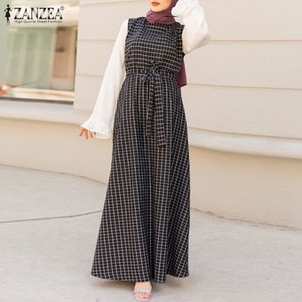Viajes ZANZEA Muslimah Mujeres Musulmanas de la llamarada de la manga cuadrícula impresa correa de cintura del vestido largo Holiady Armada 