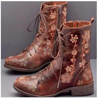 botas de piel sintética con Botines bordados con flores para mujer 