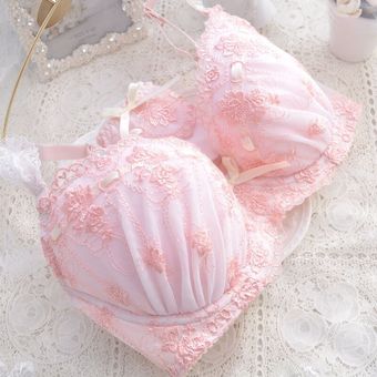 dulce Kawaii de gran tamaño ropa íntima para dormir 2 colores Conjunto de sujetador bonito y bragas de estilo japonés #Pink ropa interior suave para Hermanas 