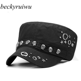 Beckyruiwu Adult Hip hop Punk Rock Skull Rivet Flat Peaked Hats Men 