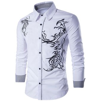 Camisa de manga larga con estampado de dragón para hombre,Ca #White 