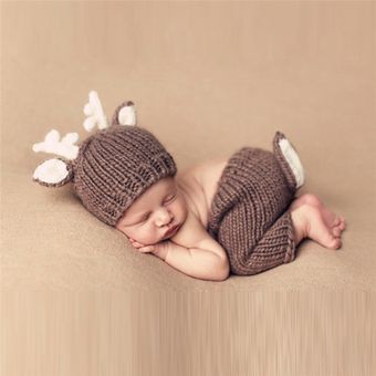 Accesorios de fotografía recién nacido sombrero de bebé con diseño de ciervos hecho a mano Crochet disfraz de venado gorros de punto y pantalones 