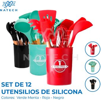 Set 12 Utensilios Cocina Silicona Resistente Calor Juego Verde Menta