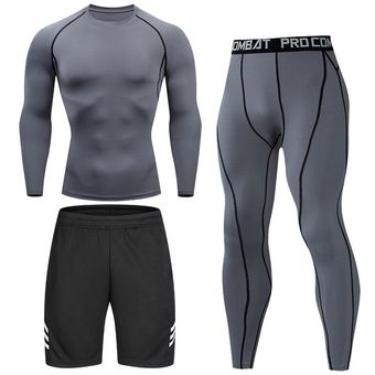 Los hombres de conjunto gimnasio pantalones de camiseta de manga larga apretado Conjunto de deporte hombres camisetas de culturismo y Fitness ropa 