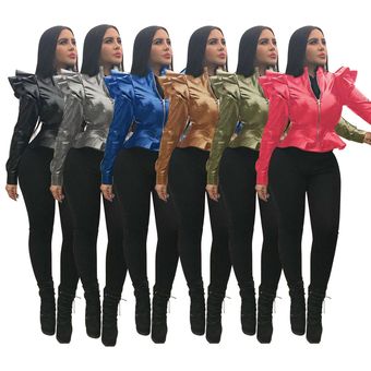 Chaquetas de piel sintética para mujer abrigos de moda con volantes 