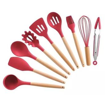 Set 12 Utensilios De Cocina Silicona Resistente Calor Rojo