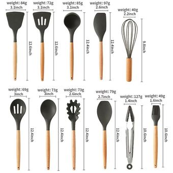 Set Utensilios Cocina Silicón Y Mango De Madera 12 Pzs Negr Color Negro