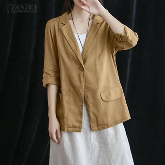 Caqui ZANZEA ocasional de las mujeres del algodón flojo Blazer abrigos camisas de las tapas de la blusa del tamaño extra grande 