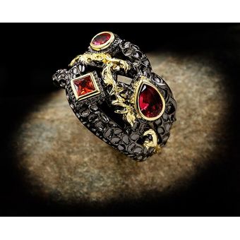 Ring De Circonio Rojo Chapado En Dos Colores Retro Geometría 