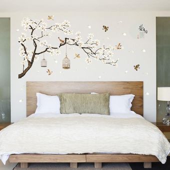 60 * 90cm 2 piezas de flor blanca rama de árbol de arte pegatinas de pared flor de cerezo Adhesivos de decoración mural-Light yellow 