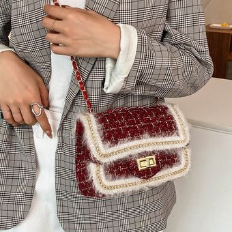 cuadrado bolso de hombro con cadena de diseñador para invierno #20.5x7.5x15cm Bolso cruzado de Tweed con borlas para mujer 