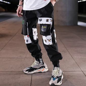 Hip Hop cintas de carga pantalones hombres Joggers Pants Streetwear hombres moda de hombre cintura elástica pantalón cintas de algodón negro W117 #12 