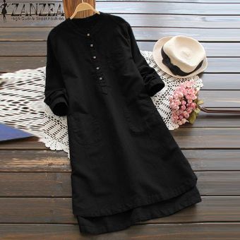 ZANZEA superior largo de la blusa sólido de vestir de mujer de manga larga bolsillos Botones vestido -Negro Linio Colombia - ZA402FA01QX3WLCO
