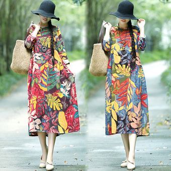 Vestido de impresión floral de las mujeres de manga larga con bolsillo vestido casual pliegue largo 