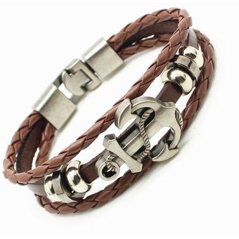 Pulsera trenzada Vintage de cuero para hombre hecho a mano #brown brazalete con abalorio de ancla tejido XYX 