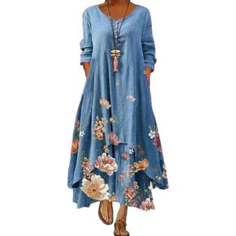 Vestido de verano de manga larga con estampado popular para mujer Blue 
