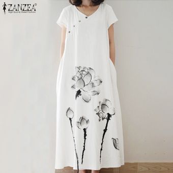 ZANZEA mujeres ocasional del verano de manga corta de algodón de cuello O floral de lino larga impresa Camisa de vestir Blanco 