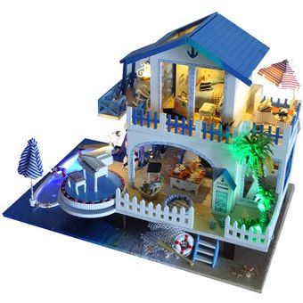 DIY muebles de casa muñecas madera en miniatura 7 LED azul c 