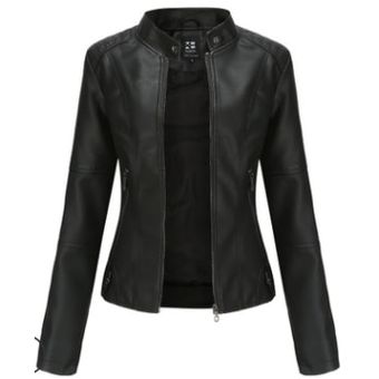Chaqueta de piel sintética para mujer abrigo negro para motocicleta 