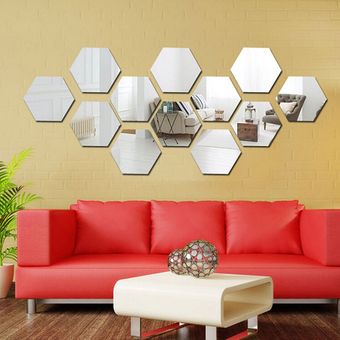 12pcs hexagonal estéreo Espejo etiqueta de la pared removible impermeable autoadhesivo 