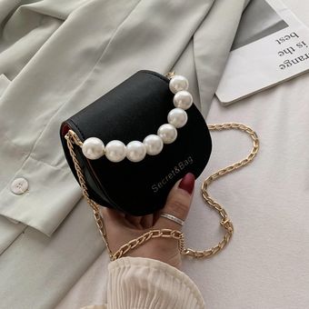 Bolsa Mini lápiz labial bolsa de moda un hombro diagonal Perla bolso portátil negro 