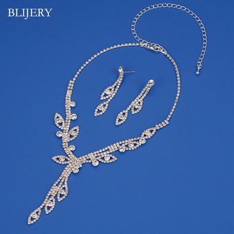 Blijery Silver Leaf Style Crystal Collar Collar Pendientes 