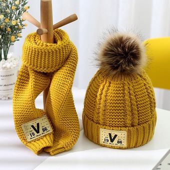 Los niños sombrero y bufanda set combinado niños y niñas encantadora gruesa Otoño Invierno estilo cálido gorro de punto de lana y bufanda de cuello 