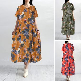 ZANZEA para mujer de la impresión floral del vestido de manga corta con cuello en V vestido de las señoras de Kaftan Verde 