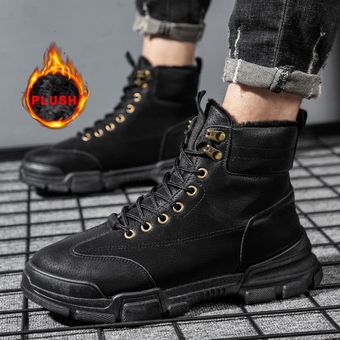 Botas de nieve para hombre botas militares de cuero informales para el tobillo zapatos de senderismo antideslizantes con cordones para el trabajo JUN（#07 Black Plush） zapatos de felpa ligeros de invierno para hombre 