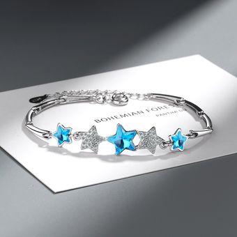 Elegante Brazalete De Cadena De Cristal Azul De Cinco Puntas 
