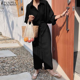 Negro Botón de manga larga para mujer de collar ZANZEA abajo floja ocasional de la túnica Kaftan Camisa de vestir 