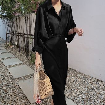 Botón de manga larga para mujer de collar ZANZEA abajo floja ocasional de la túnica Kaftan Camisa de vestir Negro 