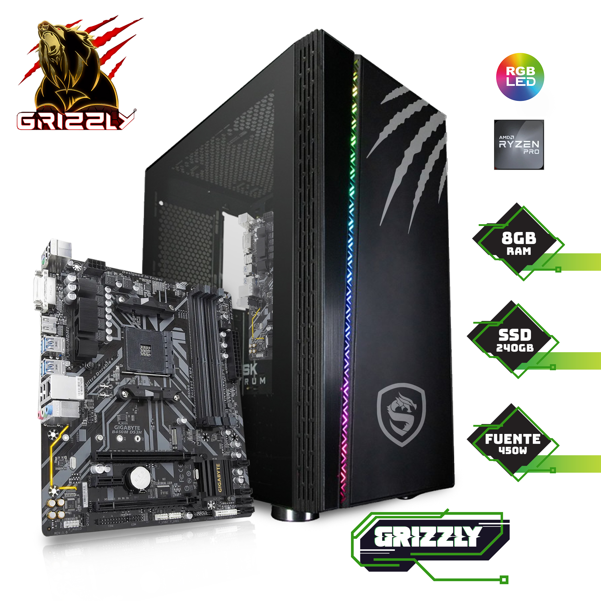 Pc Gamer Grizzly Ryzen 3 Pro 4350G 3.8Ghz Ram 8Gb Ssd 240Gb 450W Bronze