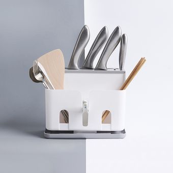 Portacuchillos de cocina de plástico multifuncional-Gris blanco 
