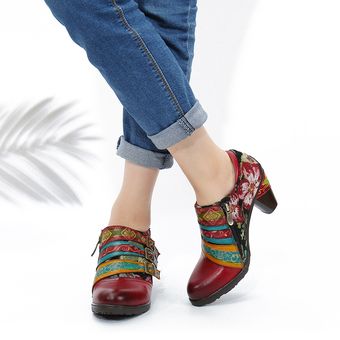 Rojo SOCOFY tobillo de las mujeres botas de tres colores de la hebilla de la correa de la flor de la Gracia de bloque de tacón Zapatos 