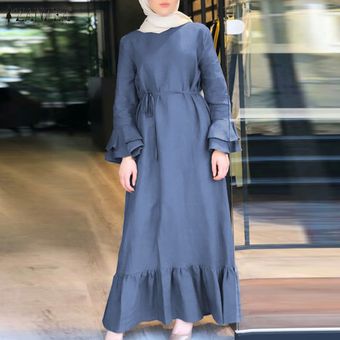 ZANZEA mujer musulmana manga de Bell Volantes Hem Abaya Kaftan túnica del vestido maxi largo Café 