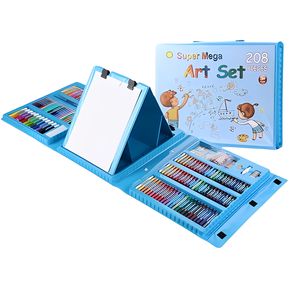 Set Kit Arte Niños Maleta Crayon Acuarela Plumon 208 Piezas Azul