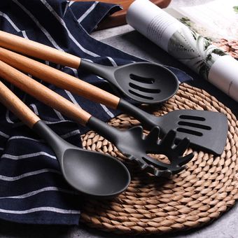 Utensilios de cocina U Chef integral de espátulas, cucharones, pinzas y  medidores de madera - Negro