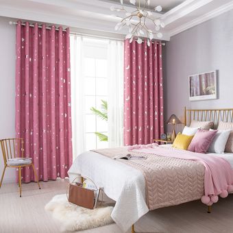 1PC impreso estrella de la luna de la ventana del apagón cortina para sala de estar  dormitorio Ojal Ojal Top 4 colores-Pink 
