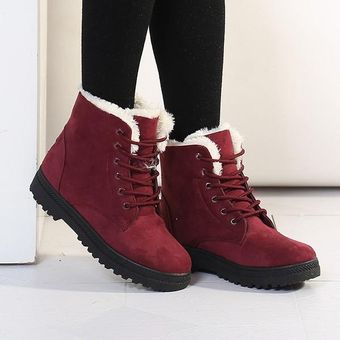 Rojo Moda invierno de las mujeres Mantener caliente plana nieve de la felpa botines botas cortas 