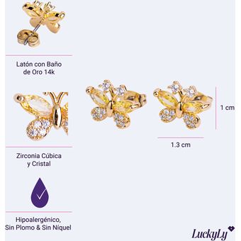 LuckyLy Aretes Mujer Oro 14k Mariposas con Cristal y Zirconias