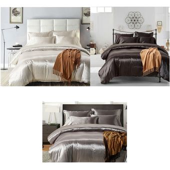 3 unids juego de ropa de cama Sólido Color suave de seda edredón de funda de almohada Suministros de cama 