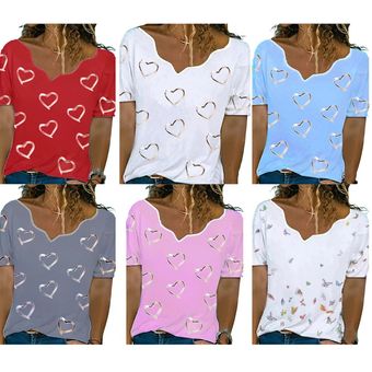 La camiseta de las mujeres del verano del corazón Impreso lindo manga corta irregular Camiseta de cuello Azul 