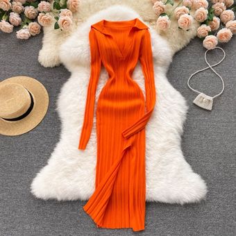 #o vestido de punto coreano para mujer  manga larga  cuello de pico  elástico  ajustado  otoño 2021 