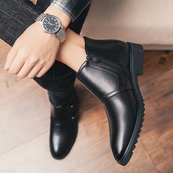 Zapatos formales para hombre Botas de cuero Chelsea de caña alta Botines de ocio Negro 
